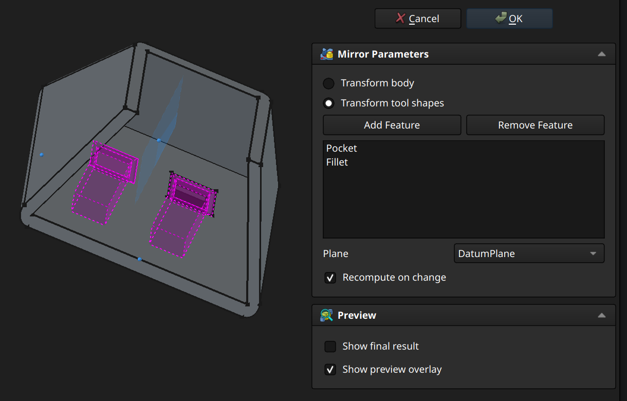 FreeCAD Part Design workbench mirror example